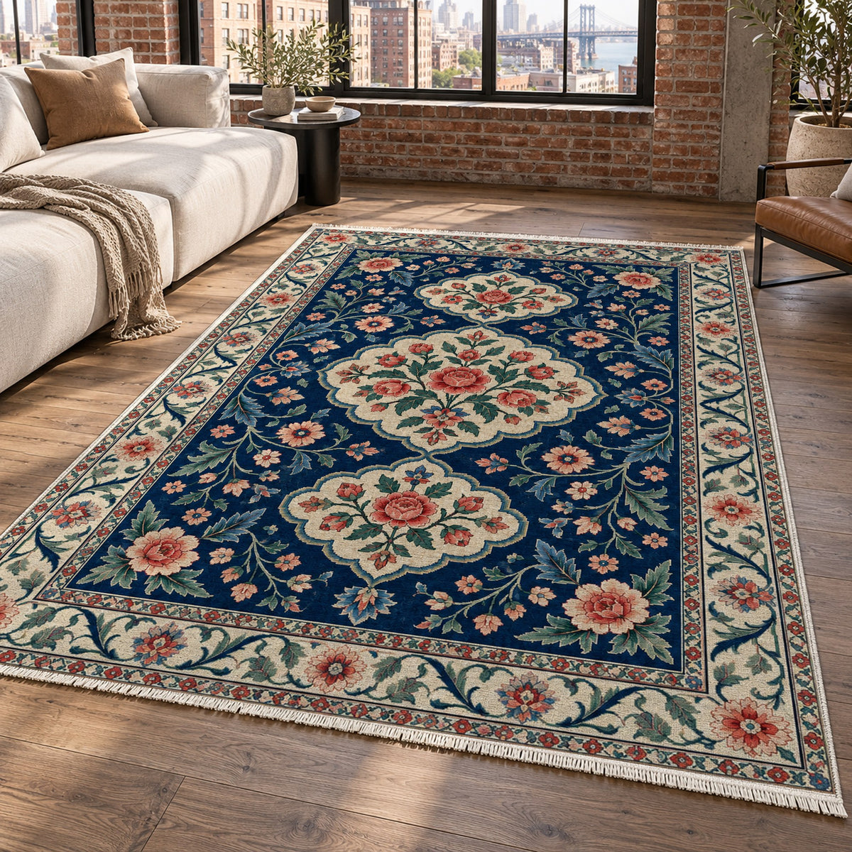 Garden Cartouches Indigo Rose Ethnic Washable Rug — new york living