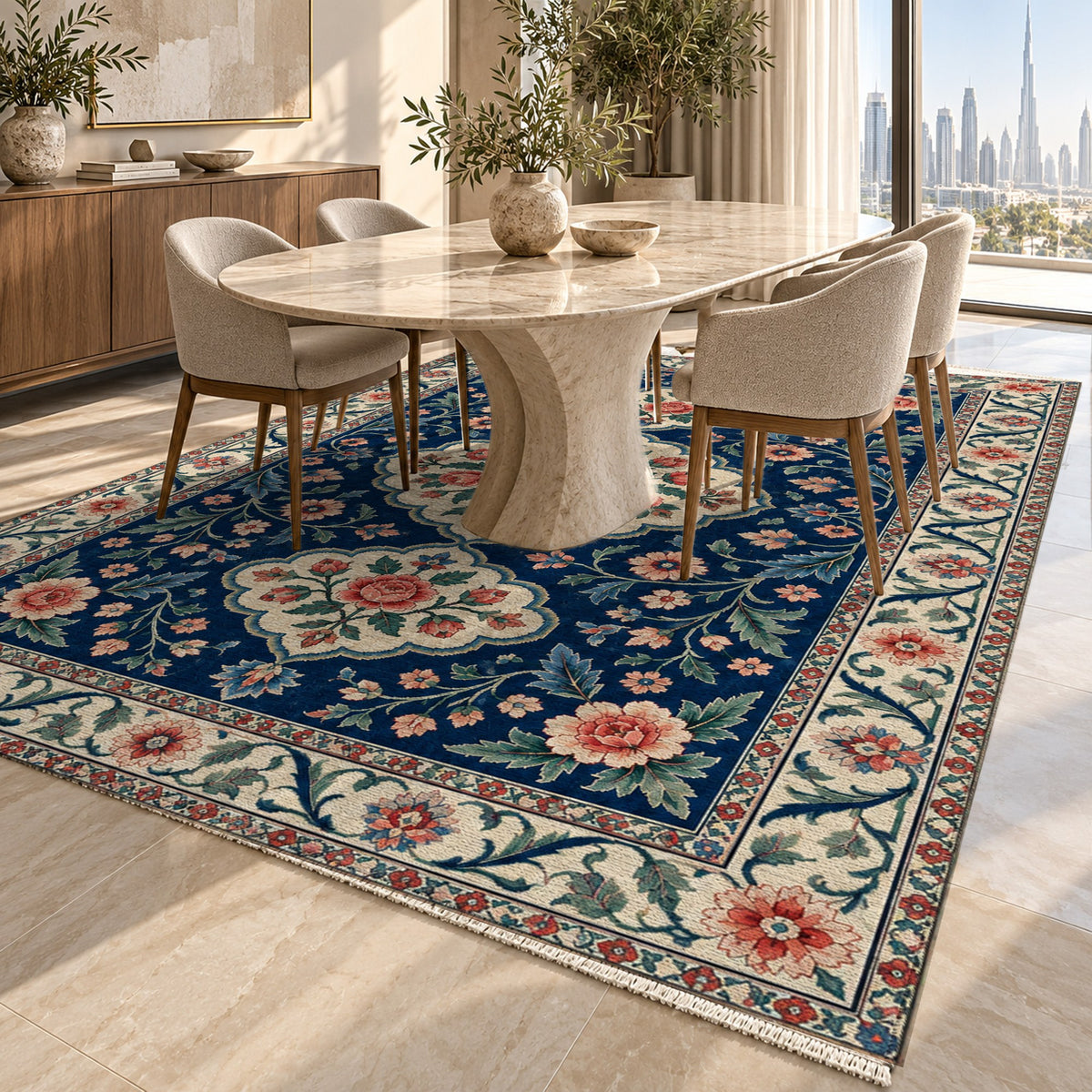 Garden Cartouches Indigo Rose Ethnic Washable Rug — dubai dining