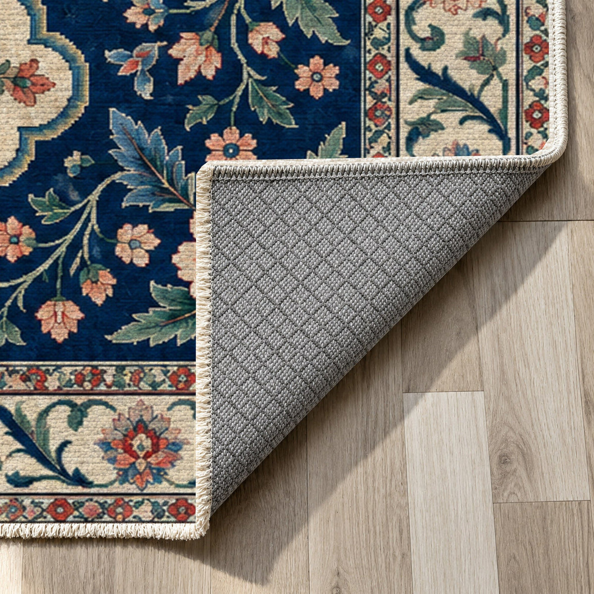 Garden Cartouches Indigo Rose Ethnic Washable Rug — backing close up
