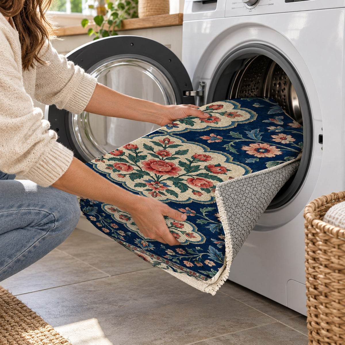 Garden Cartouches Indigo Rose Ethnic Washable Rug — washing machine