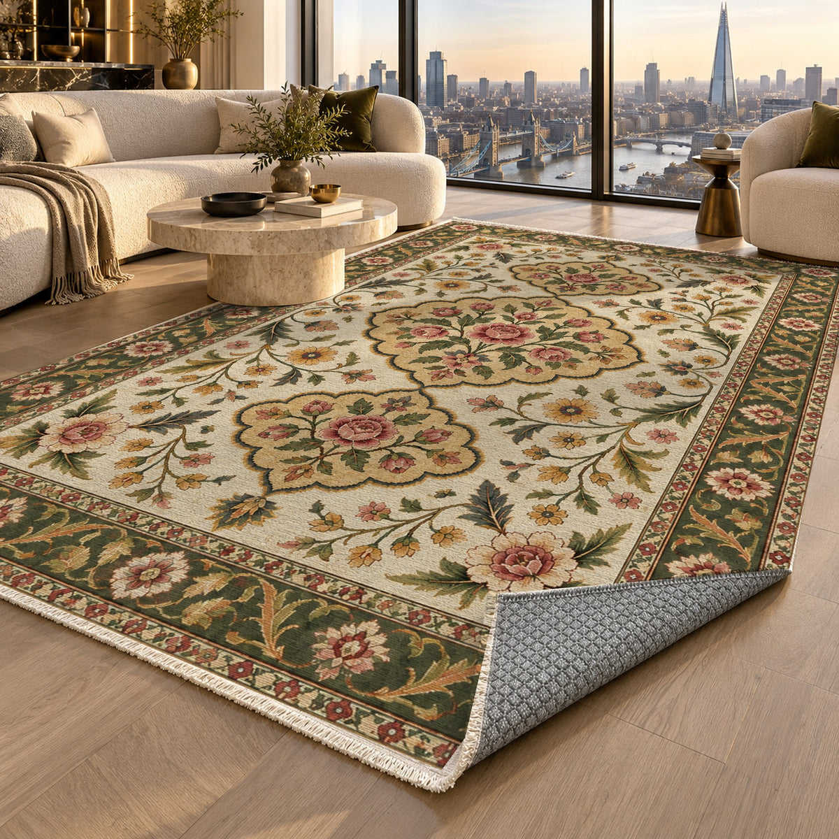 Garden Cartouches Ivory Olive Ethnic Washable Rug — london luxury living