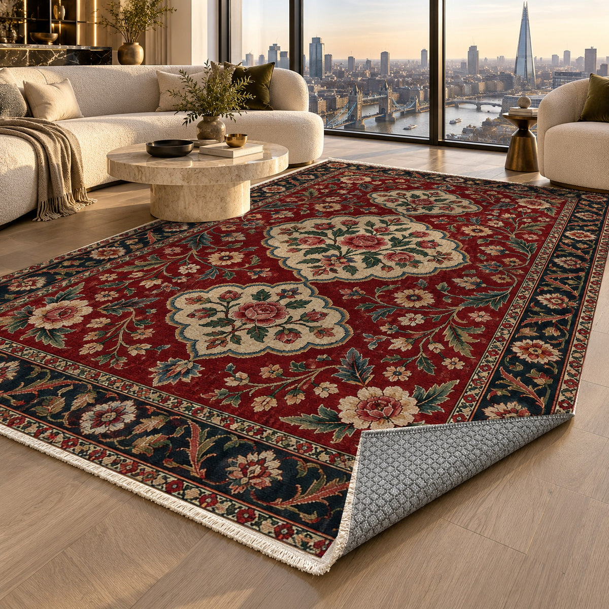 Garden Cartouches Ruby Midnight Ethnic Washable Rug — london luxury living
