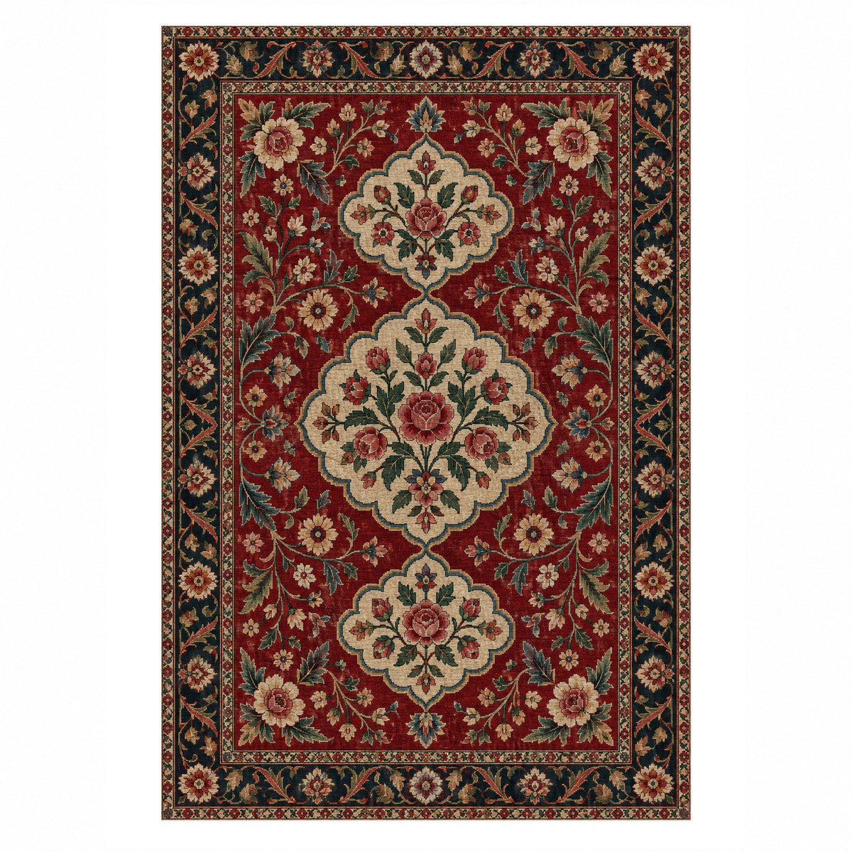Garden Cartouches Ruby Midnight Ethnic Washable Rug — top view
