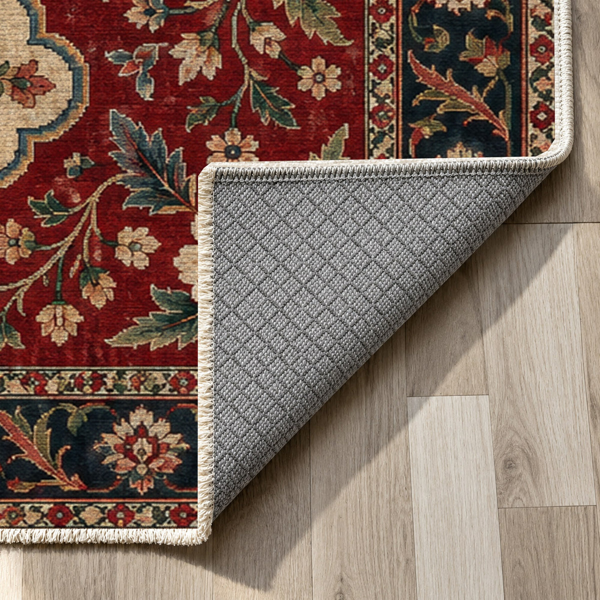 Garden Cartouches Ruby Midnight Ethnic Washable Rug — backing close up