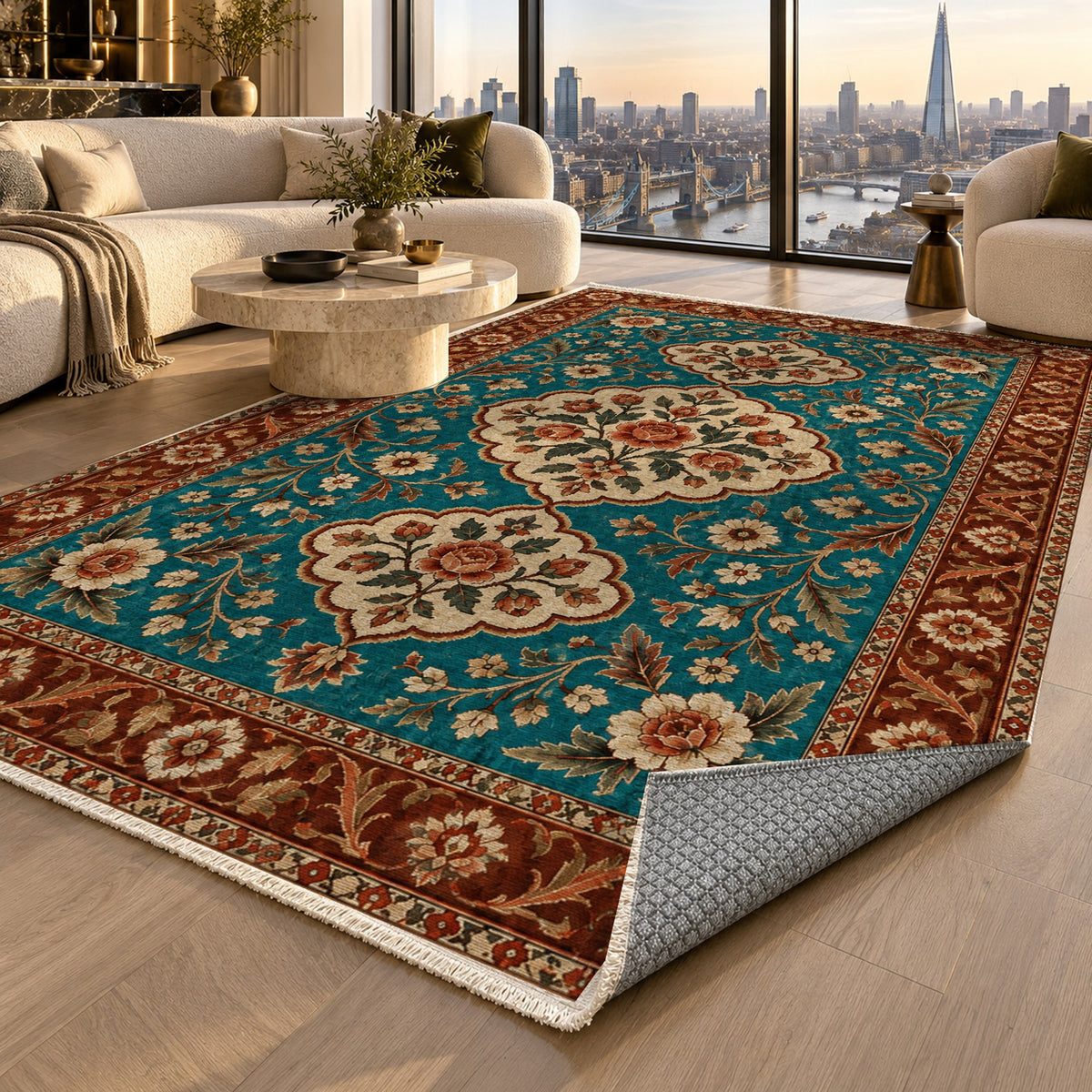 Garden Cartouches Turquoise Copper Ethnic Washable Rug — london luxury living