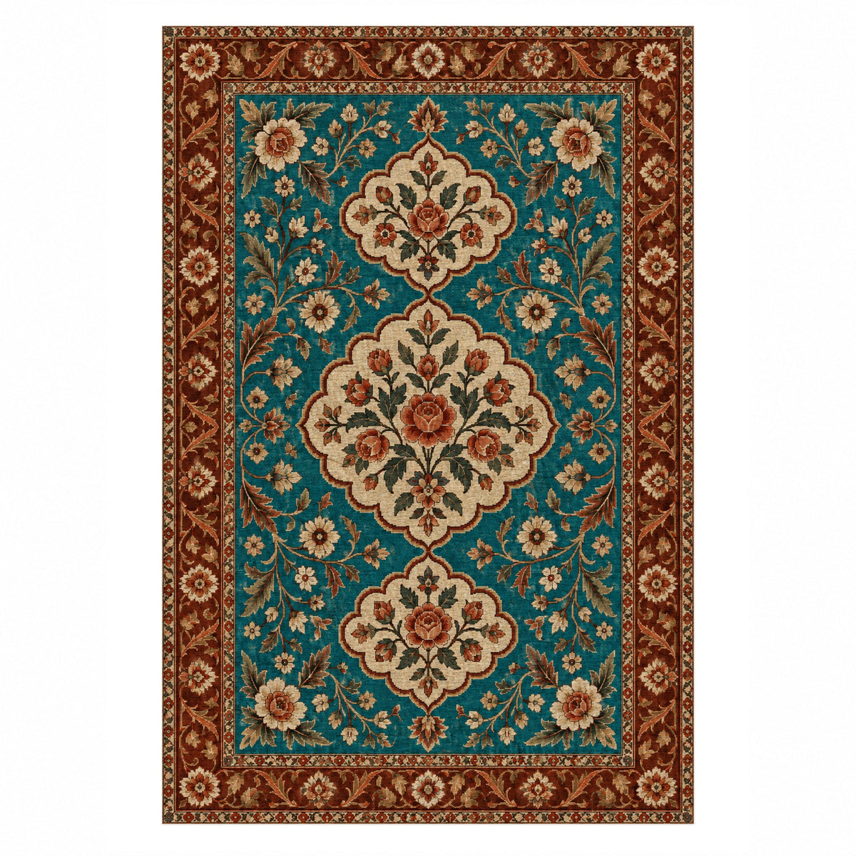 Garden Cartouches Turquoise Copper Ethnic Washable Rug — top view