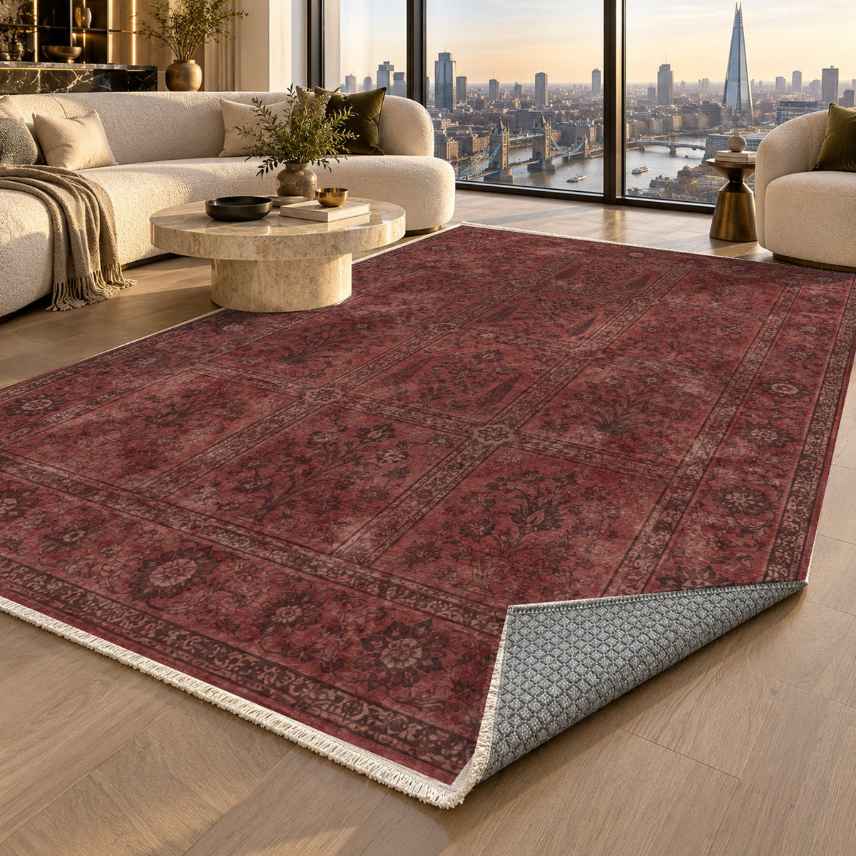 Garden Palimpsest Burgundy Red Vintage Washable Rug — london luxury living