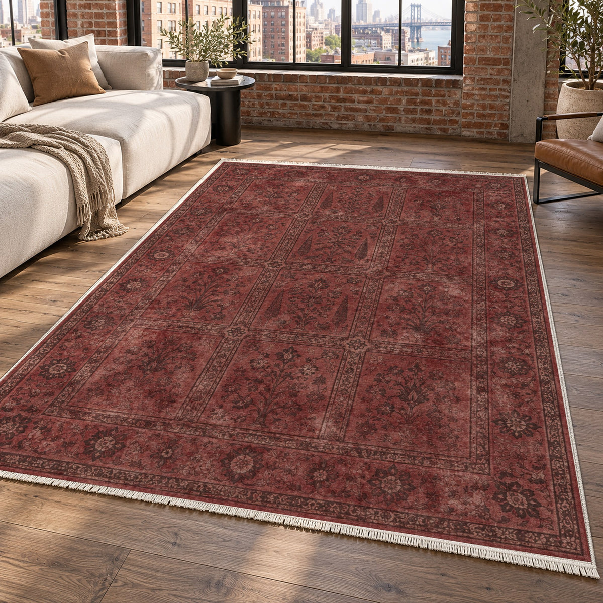 Garden Palimpsest Burgundy Red Vintage Washable Rug — new york living