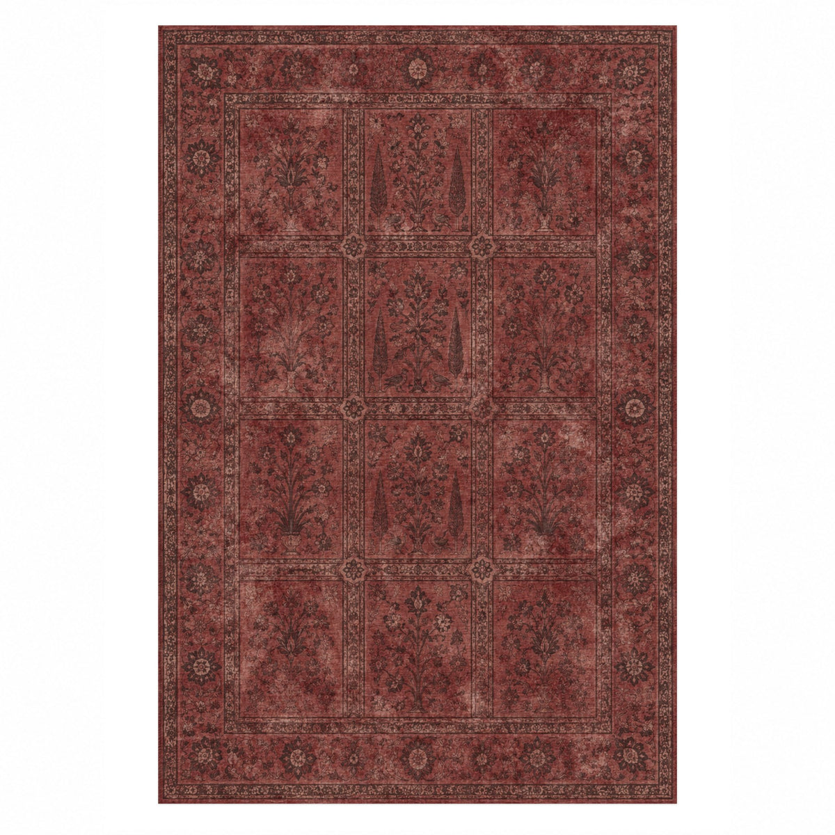 Garden Palimpsest Burgundy Red Vintage Washable Rug — top view