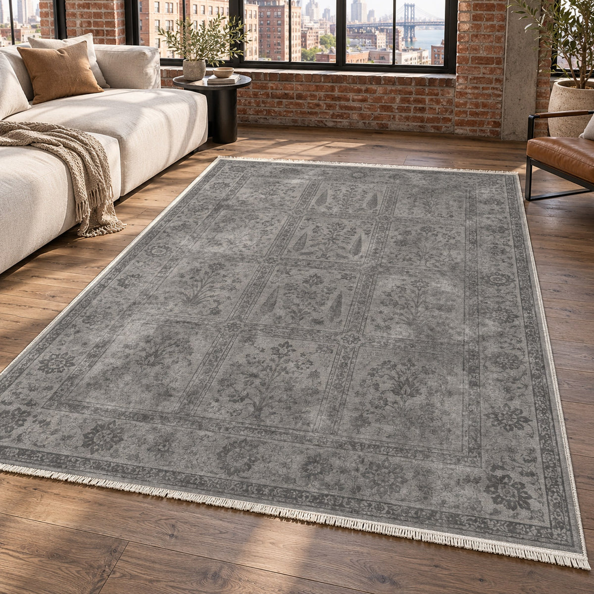 Garden Palimpsest Charcoal Silver Vintage Washable Rug — new york living