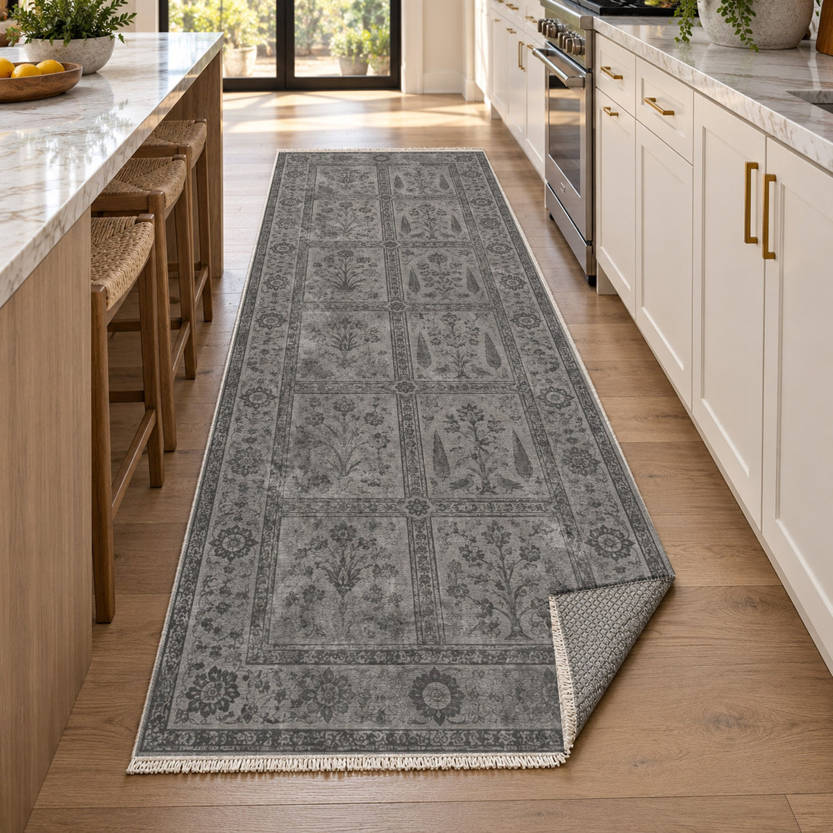 Garden Palimpsest Charcoal Silver Vintage Washable Rug — new york kitchen runner