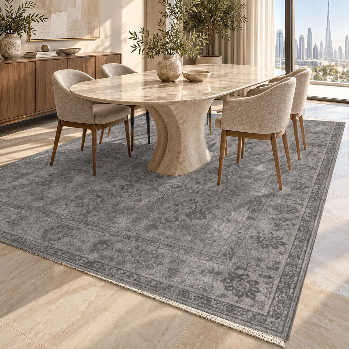 Garden Palimpsest Charcoal Silver Vintage Washable Rug — dubai dining