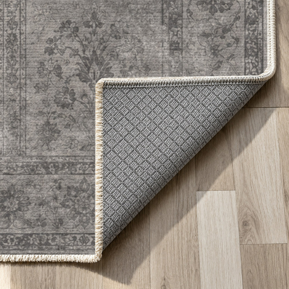 Garden Palimpsest Charcoal Silver Vintage Washable Rug — backing close up