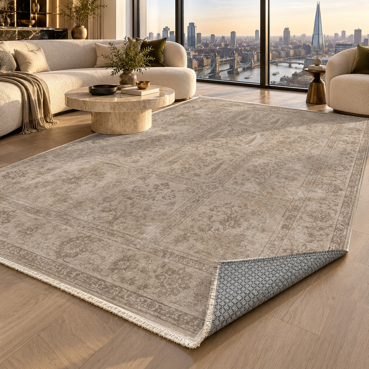 Garden Palimpsest Ivory Taupe Vintage Washable Rug — london luxury living