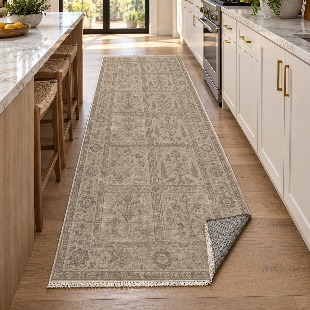 Garden Palimpsest Ivory Taupe Vintage Washable Rug — new york kitchen runner
