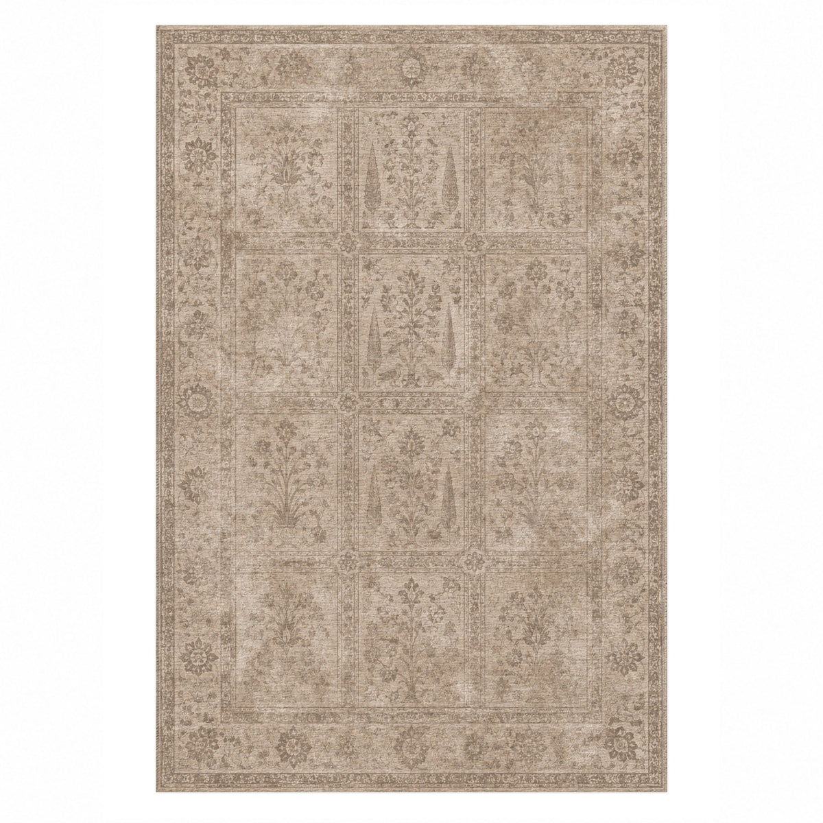 Garden Palimpsest Ivory Taupe Vintage Washable Rug — top view