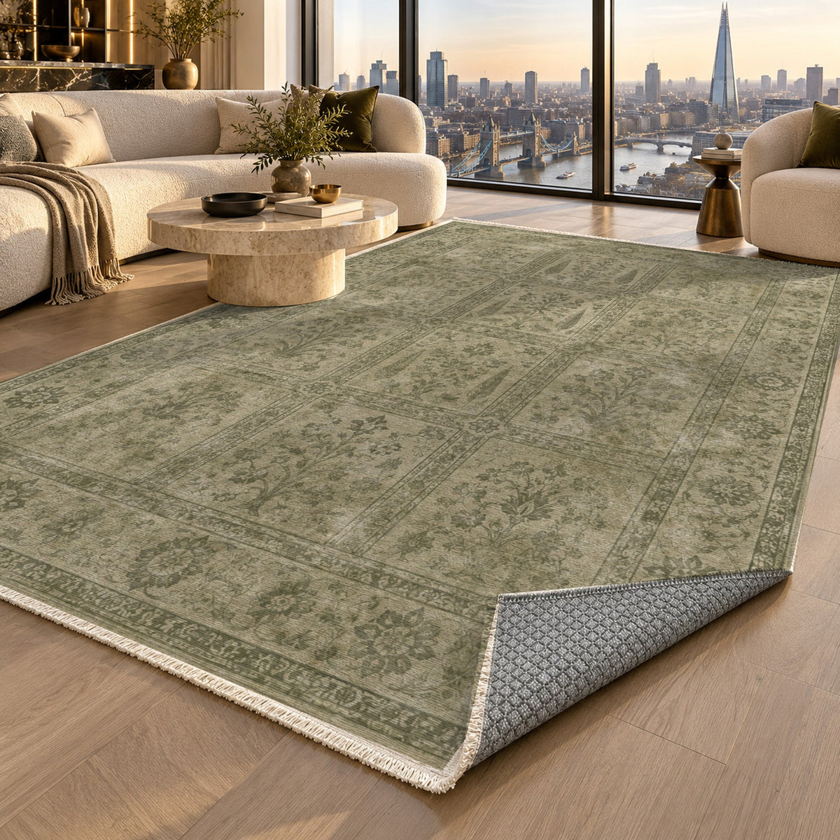 Garden Palimpsest Olive Green Vintage Washable Rug — london luxury living