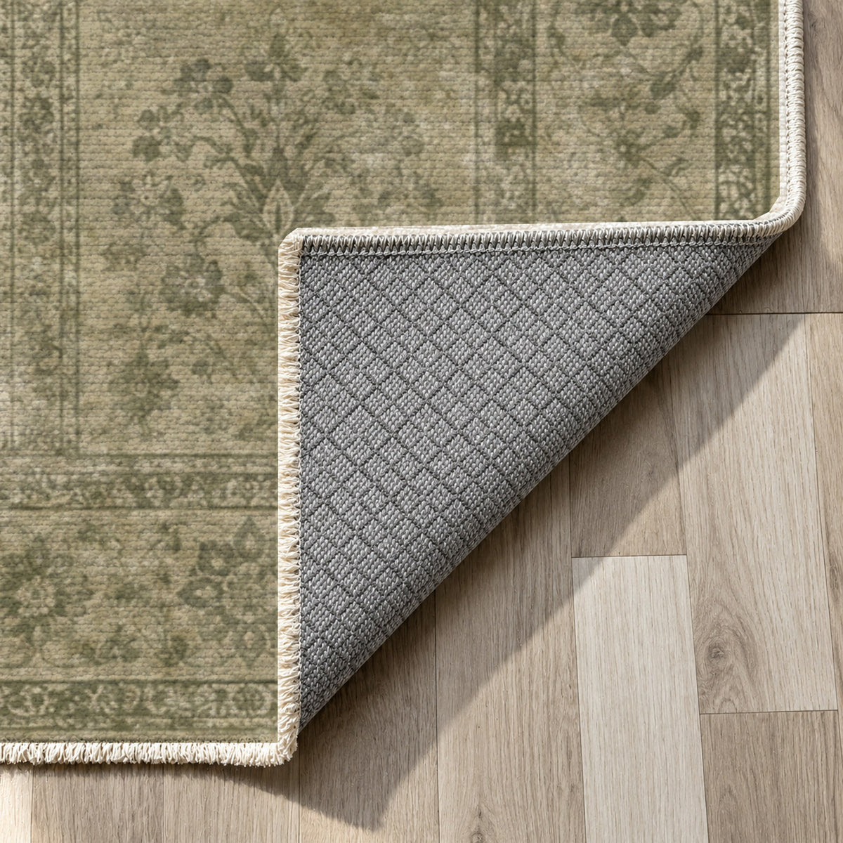 Garden Palimpsest Olive Green Vintage Washable Rug — backing close up