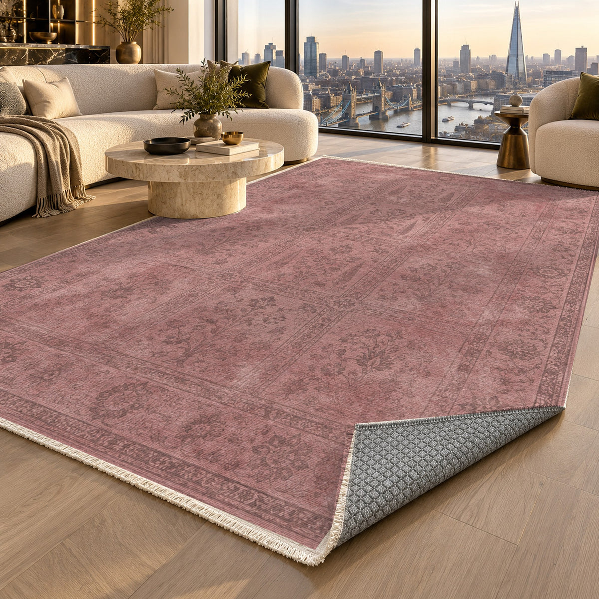 Garden Palimpsest Rose Pink Vintage Washable Rug — london luxury living