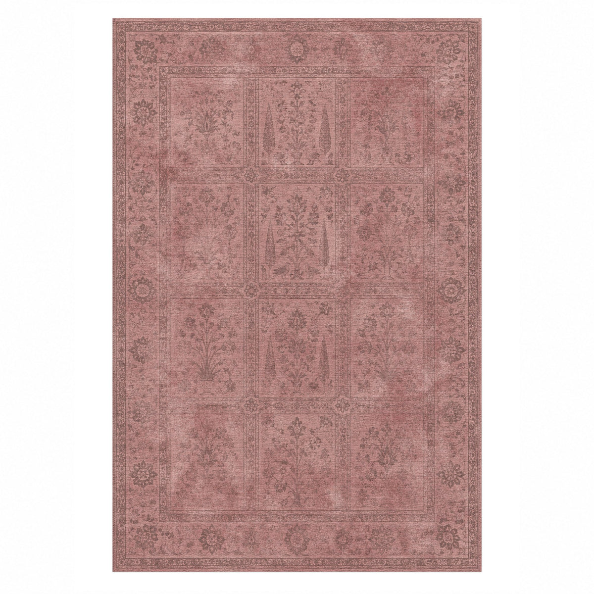 Garden Palimpsest Rose Pink Vintage Washable Rug — top view