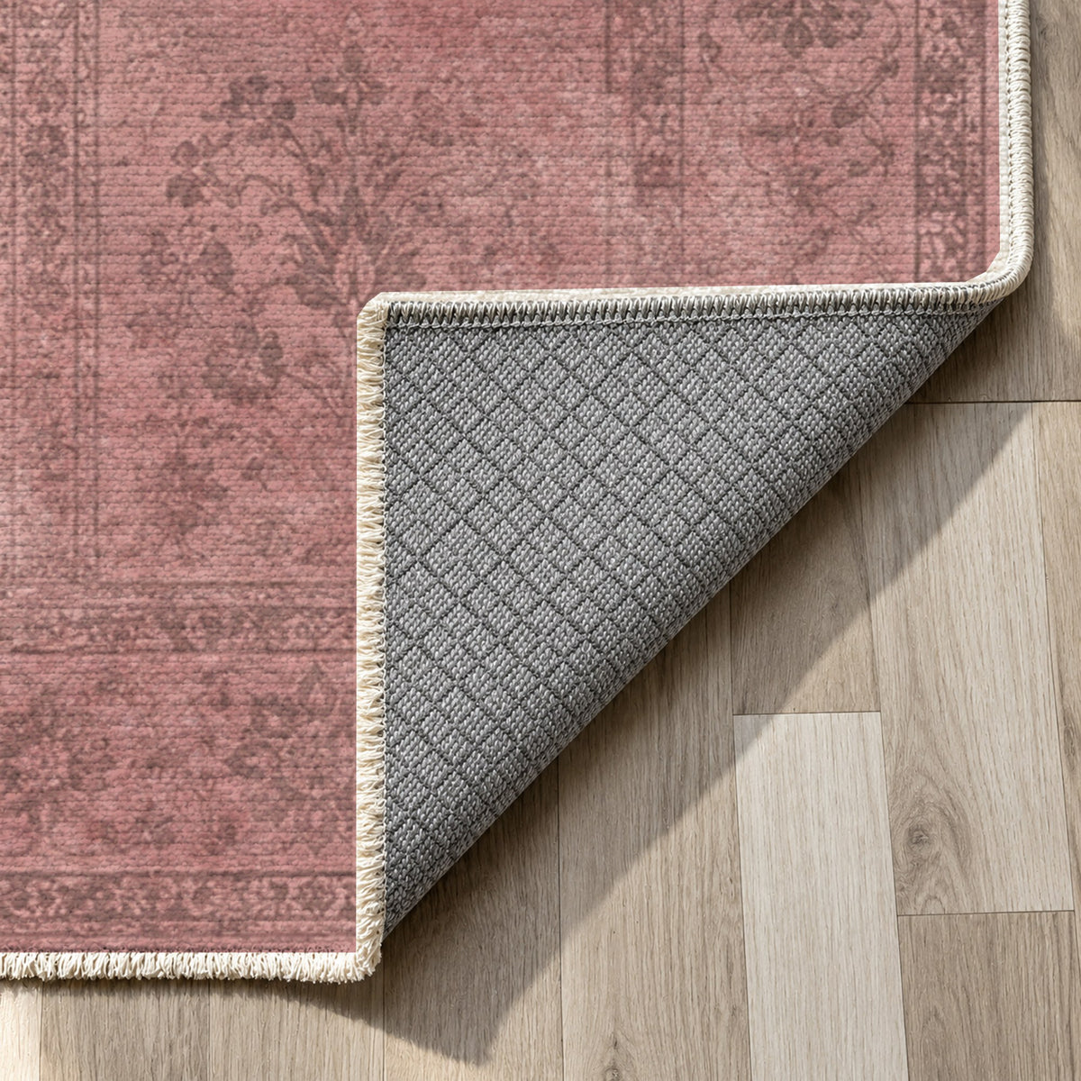 Garden Palimpsest Rose Pink Vintage Washable Rug — backing close up