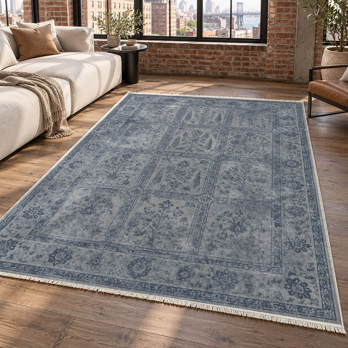 Garden Palimpsest Slate Blue Vintage Washable Rug — new york living