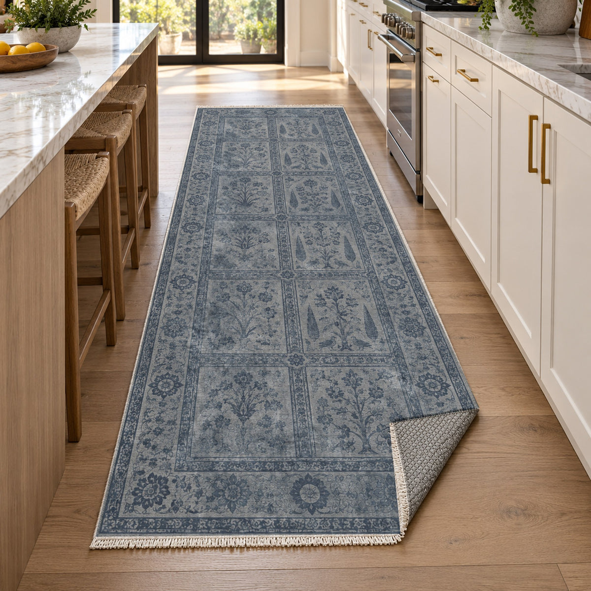 Garden Palimpsest Slate Blue Vintage Washable Rug — new york kitchen runner
