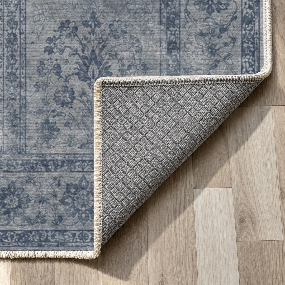 Garden Palimpsest Slate Blue Vintage Washable Rug — backing close up