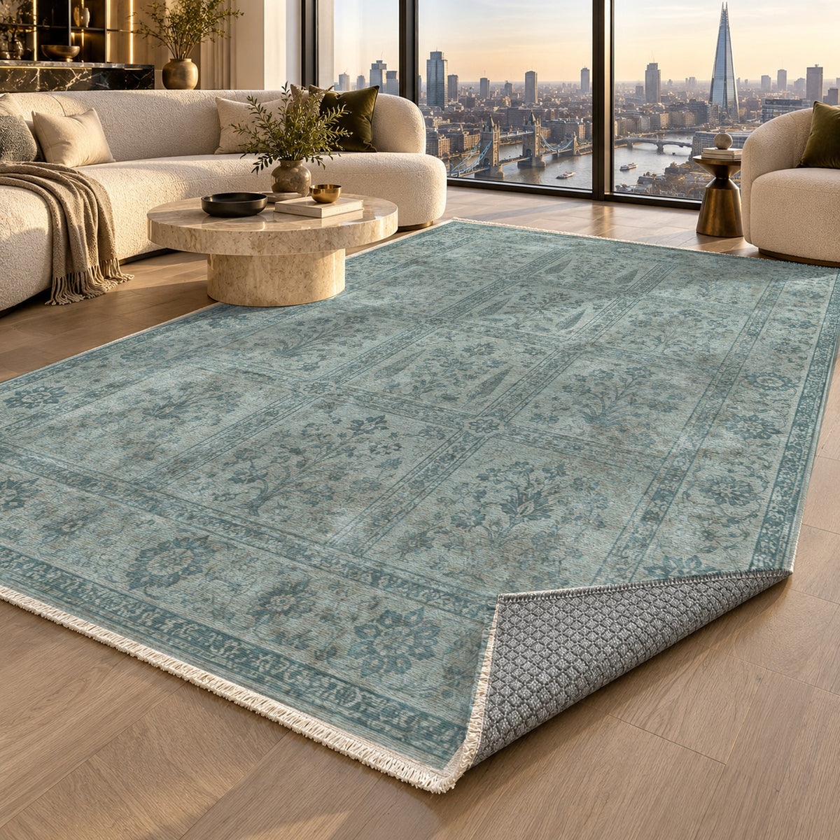 Garden Palimpsest Turquoise Blue Vintage Washable Rug — london luxury living