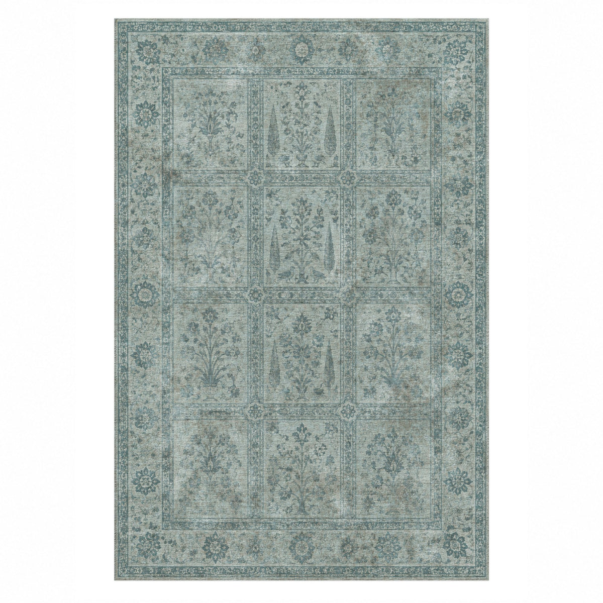 Garden Palimpsest Turquoise Blue Vintage Washable Rug — top view