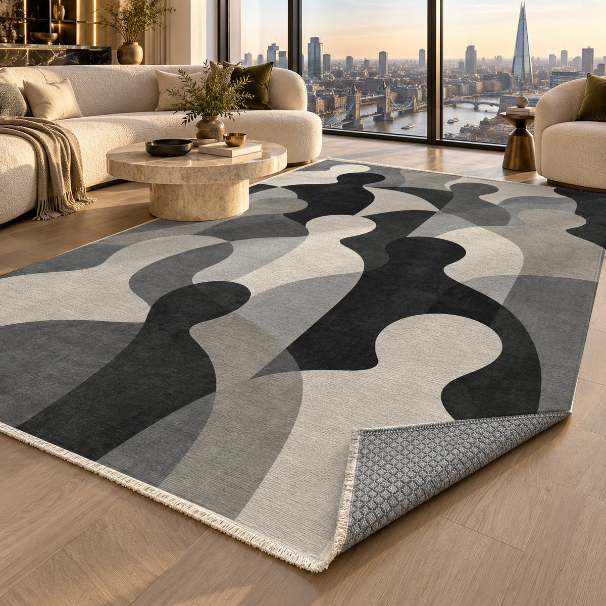 Gathering Shapes Charcoal Abstract Washable Rug — london luxury living