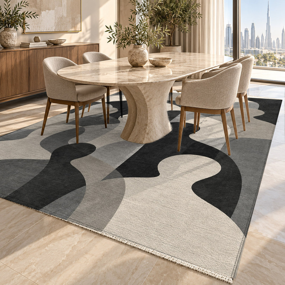 Gathering Shapes Charcoal Abstract Washable Rug — dubai dining
