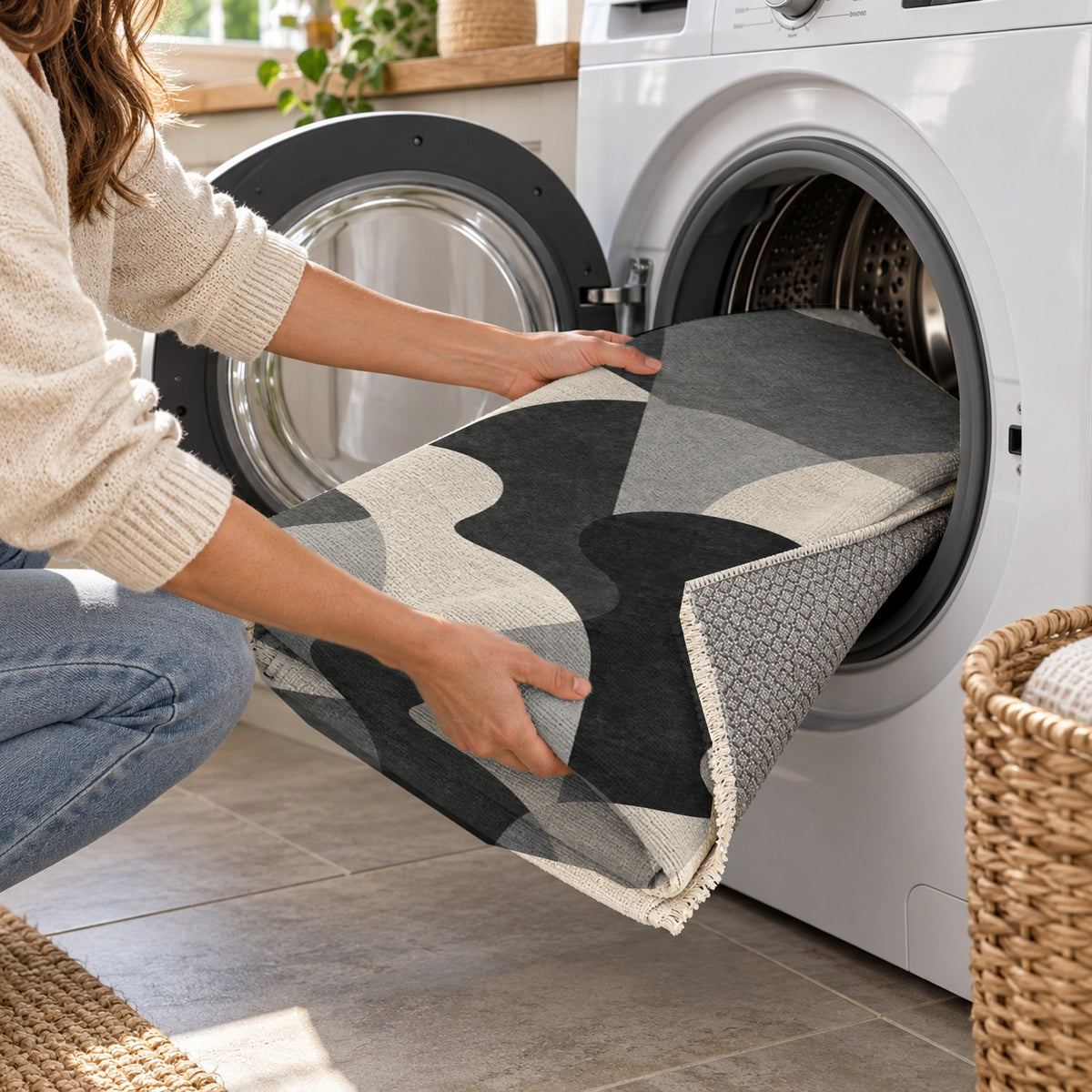 Gathering Shapes Charcoal Abstract Washable Rug — washing machine