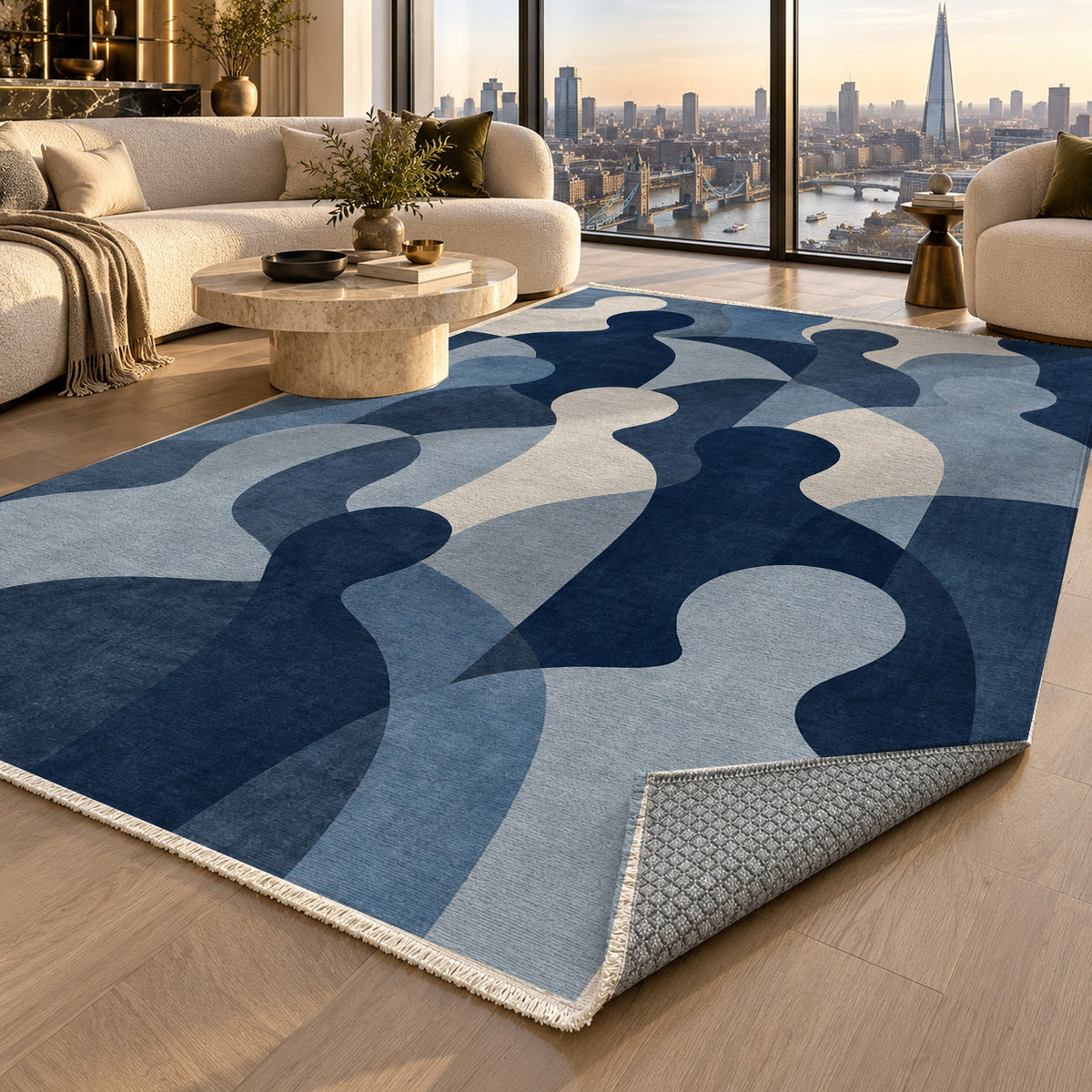 Gathering Shapes Indigo Abstract Washable Rug — london luxury living