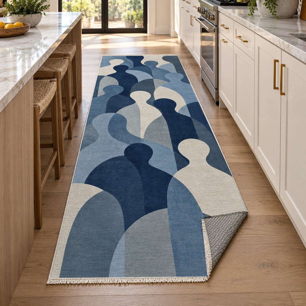 Gathering Shapes Indigo Abstract Washable Rug — new york kitchen runner