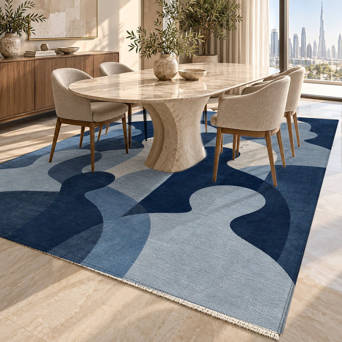 Gathering Shapes Indigo Abstract Washable Rug — dubai dining