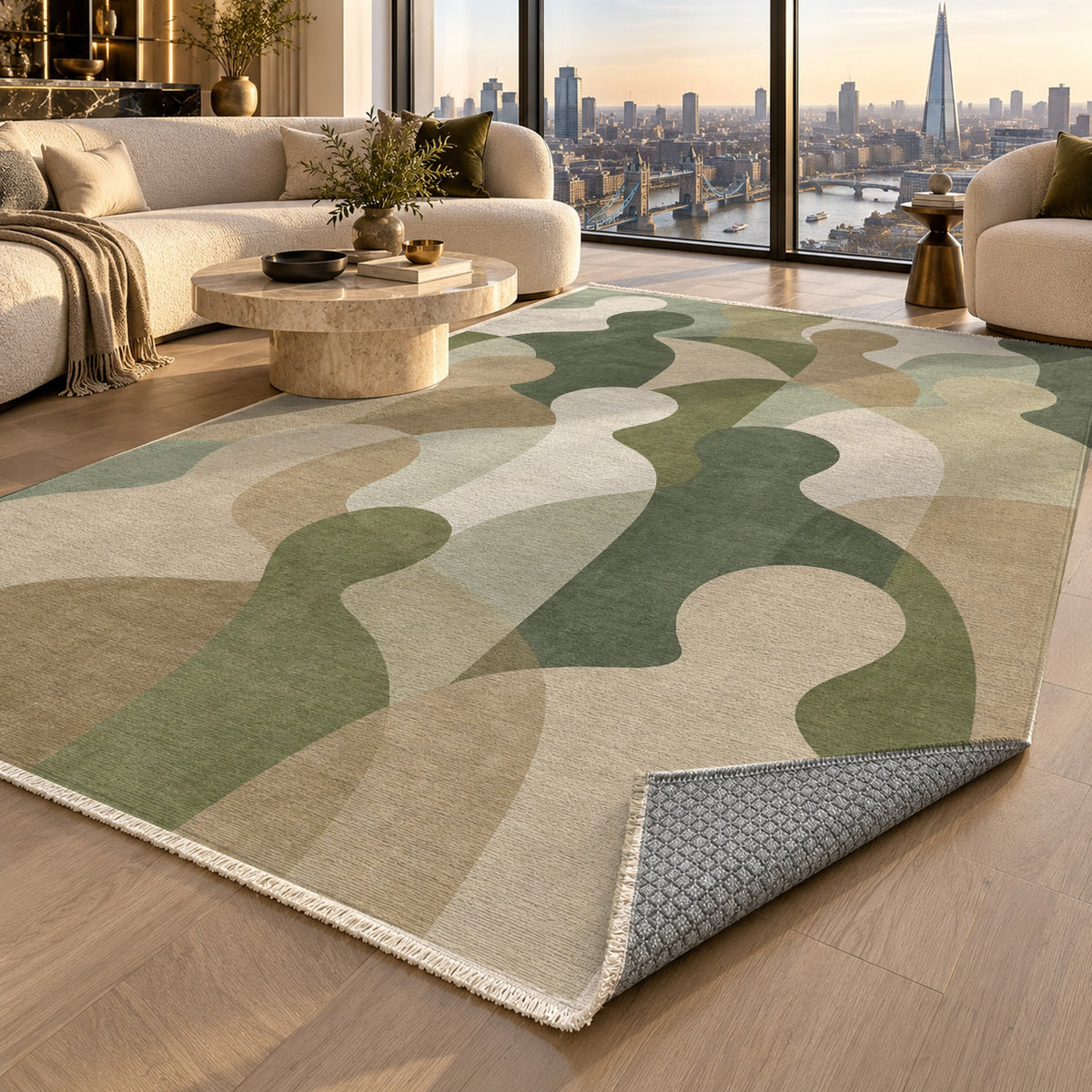 Gathering Shapes Sage Abstract Washable Rug — london luxury living