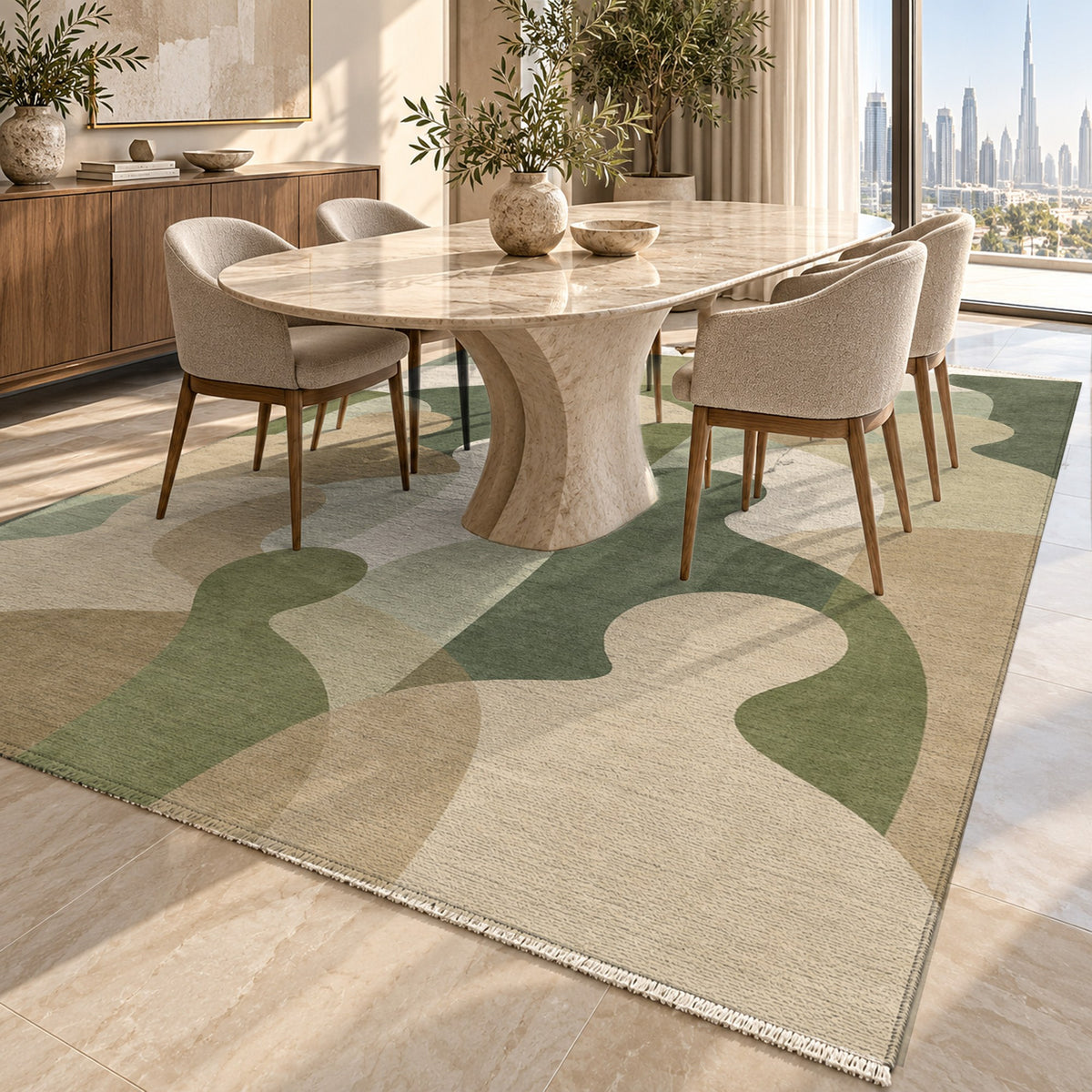 Gathering Shapes Sage Abstract Washable Rug — dubai dining
