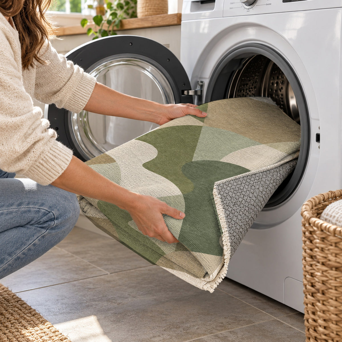 Gathering Shapes Sage Abstract Washable Rug — washing machine