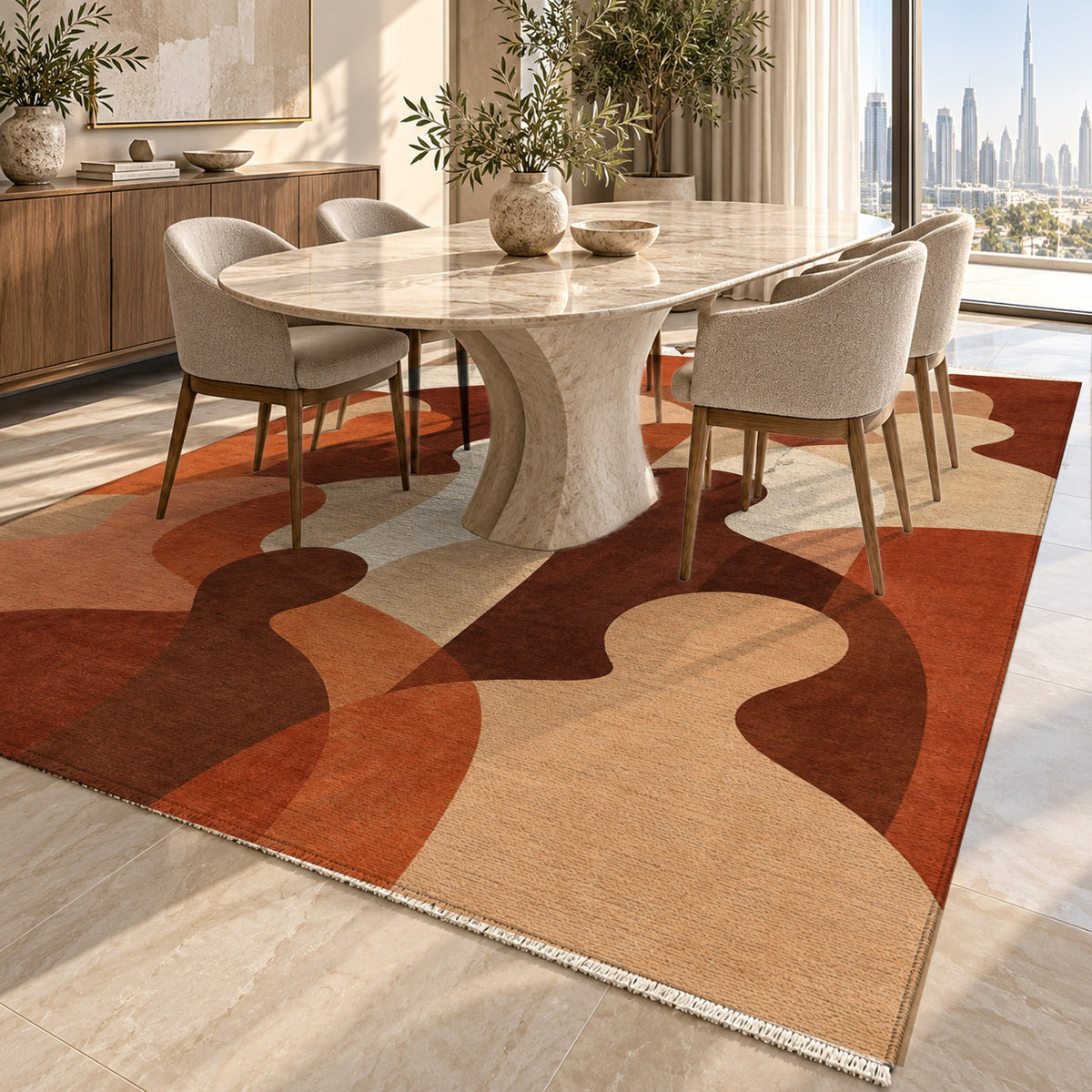 Gathering Shapes Terracotta Abstract Washable Rug — dubai dining