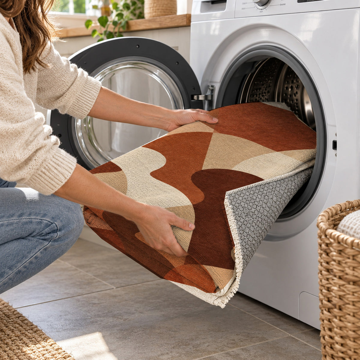 Gathering Shapes Terracotta Abstract Washable Rug — washing machine