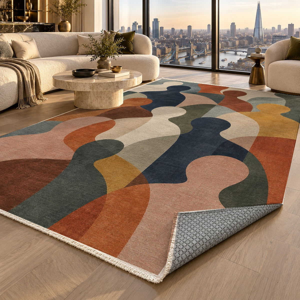 Gathering Shapes Abstract Washable Rug — london luxury living