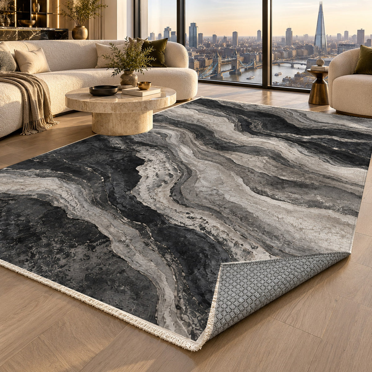 Geological Layers Charcoal Abstract Washable Rug — london luxury living