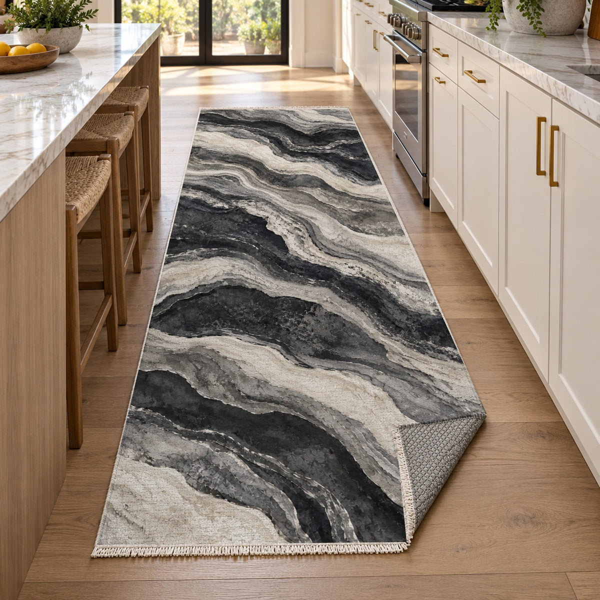 Geological Layers Charcoal Abstract Washable Rug — new york kitchen runner