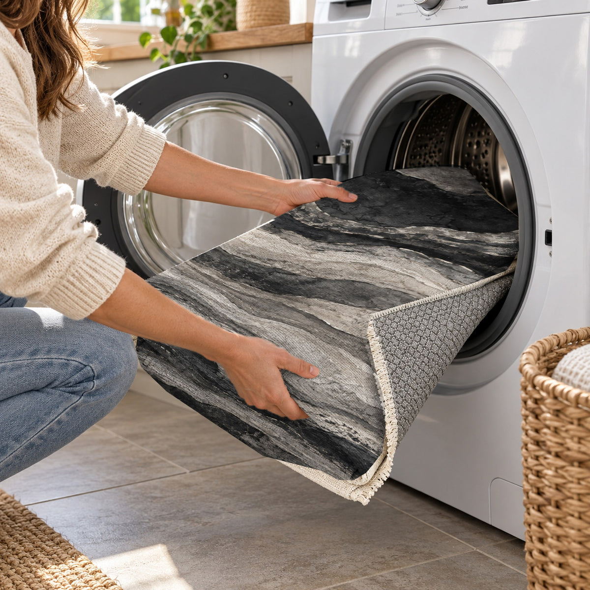 Geological Layers Charcoal Abstract Washable Rug — washing machine
