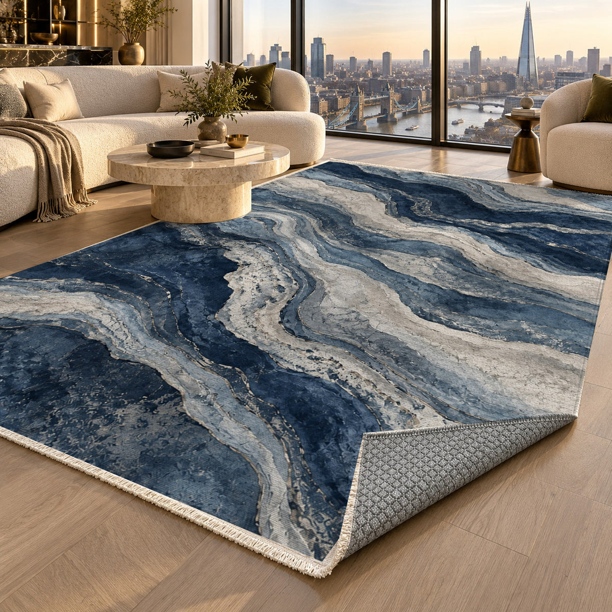 Geological Layers Indigo Abstract Washable Rug — london luxury living