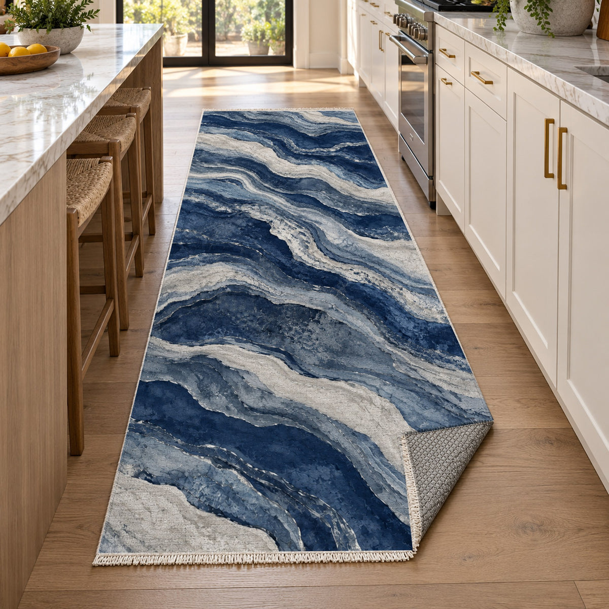 Geological Layers Indigo Abstract Washable Rug — new york kitchen runner
