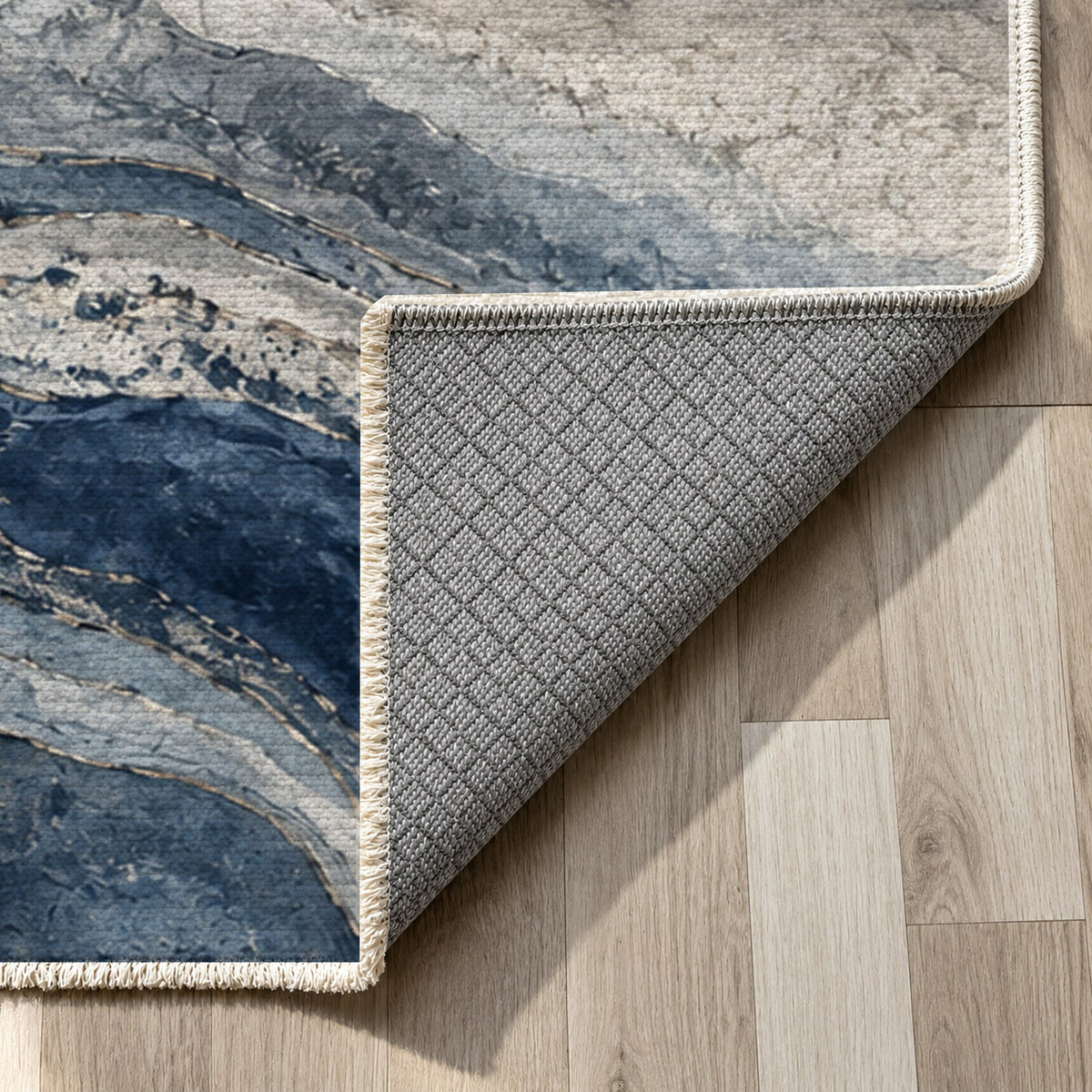 Geological Layers Indigo Abstract Washable Rug — backing close up