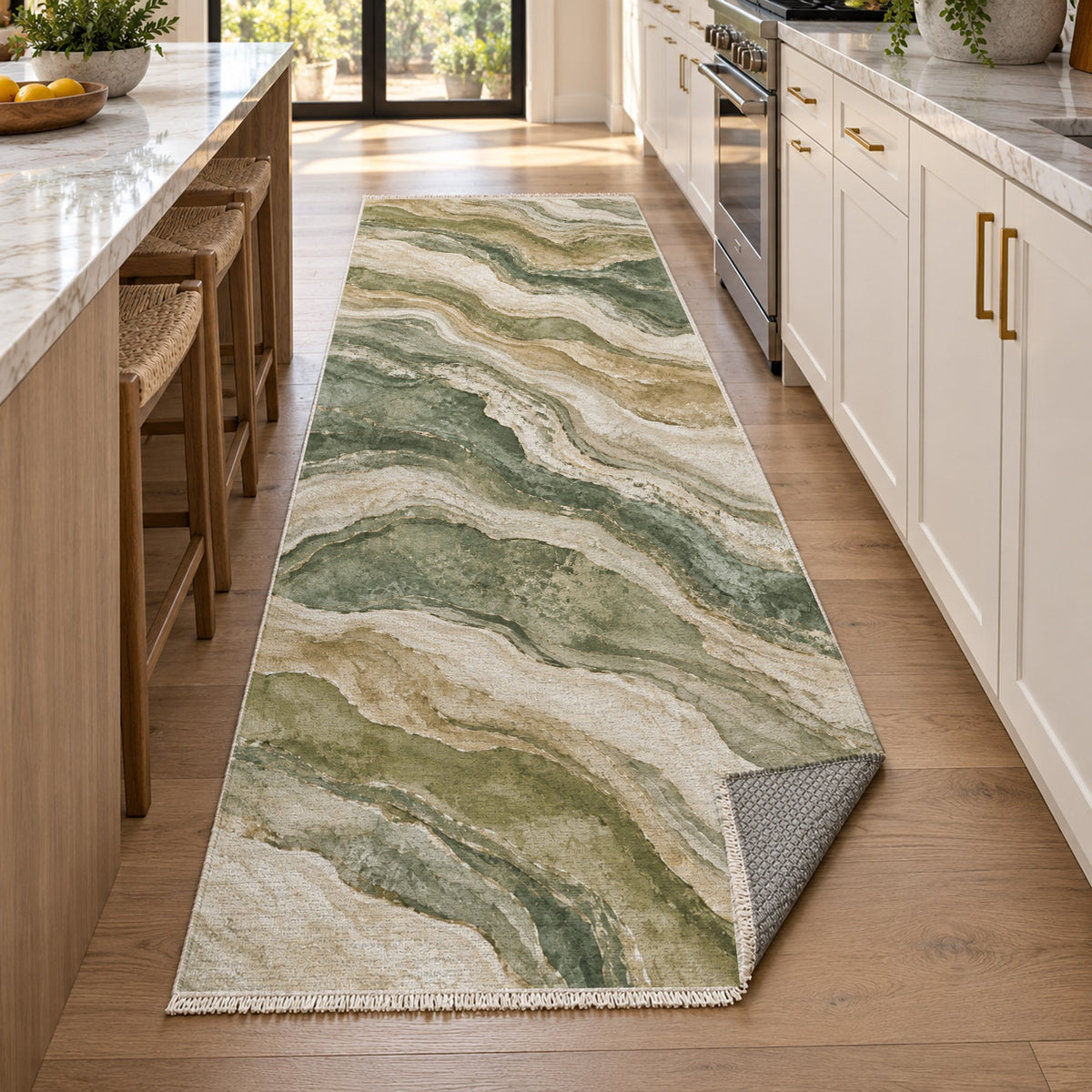 Geological Layers Sage Abstract Washable Rug — new york kitchen runner