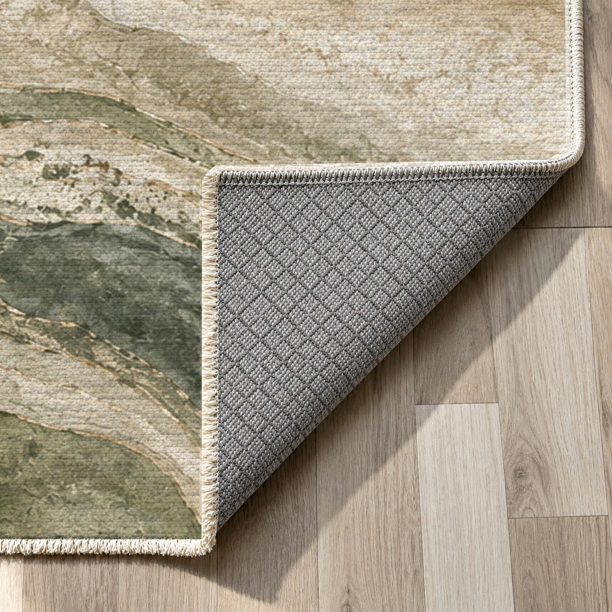 Geological Layers Sage Abstract Washable Rug — backing close up